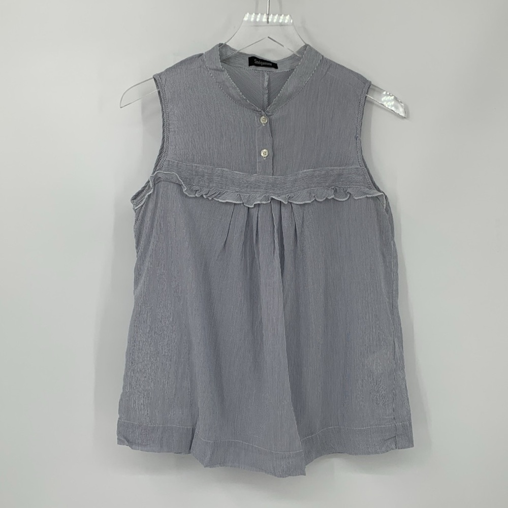 Sinequanone sleeveless ruffle blouse shirt top blue white pinstripe 42 6 Small